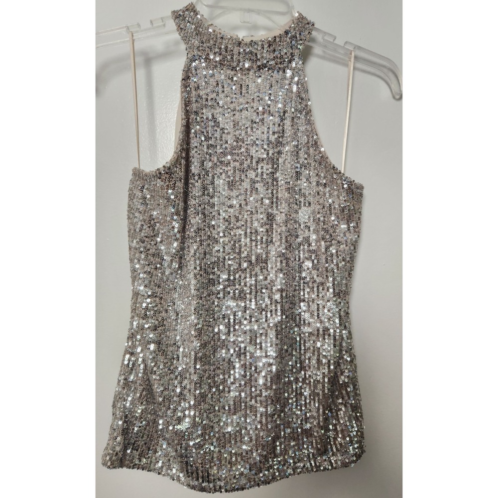 Cable & Gauge Beige Sequin Sleeveless Halter Neck Top Small NWT Stretch Lined